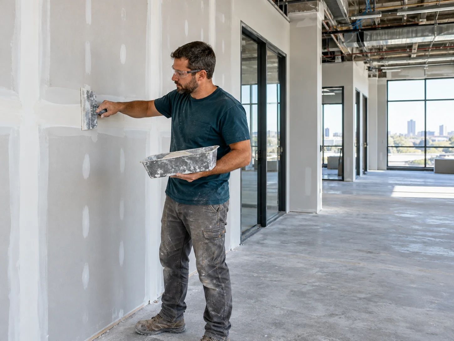 Drywall finisher applying joint compound to a seam in a commercial interior.
