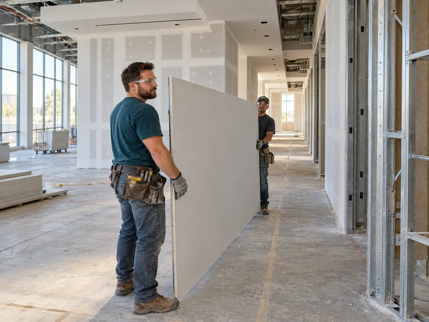 Commercial office build-out with newly installed drywall partitions and an installation crew.