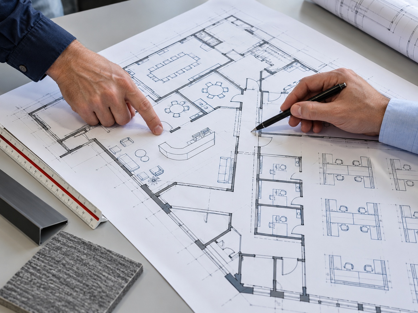 Hands reviewing commercial architectural plans at a worktable