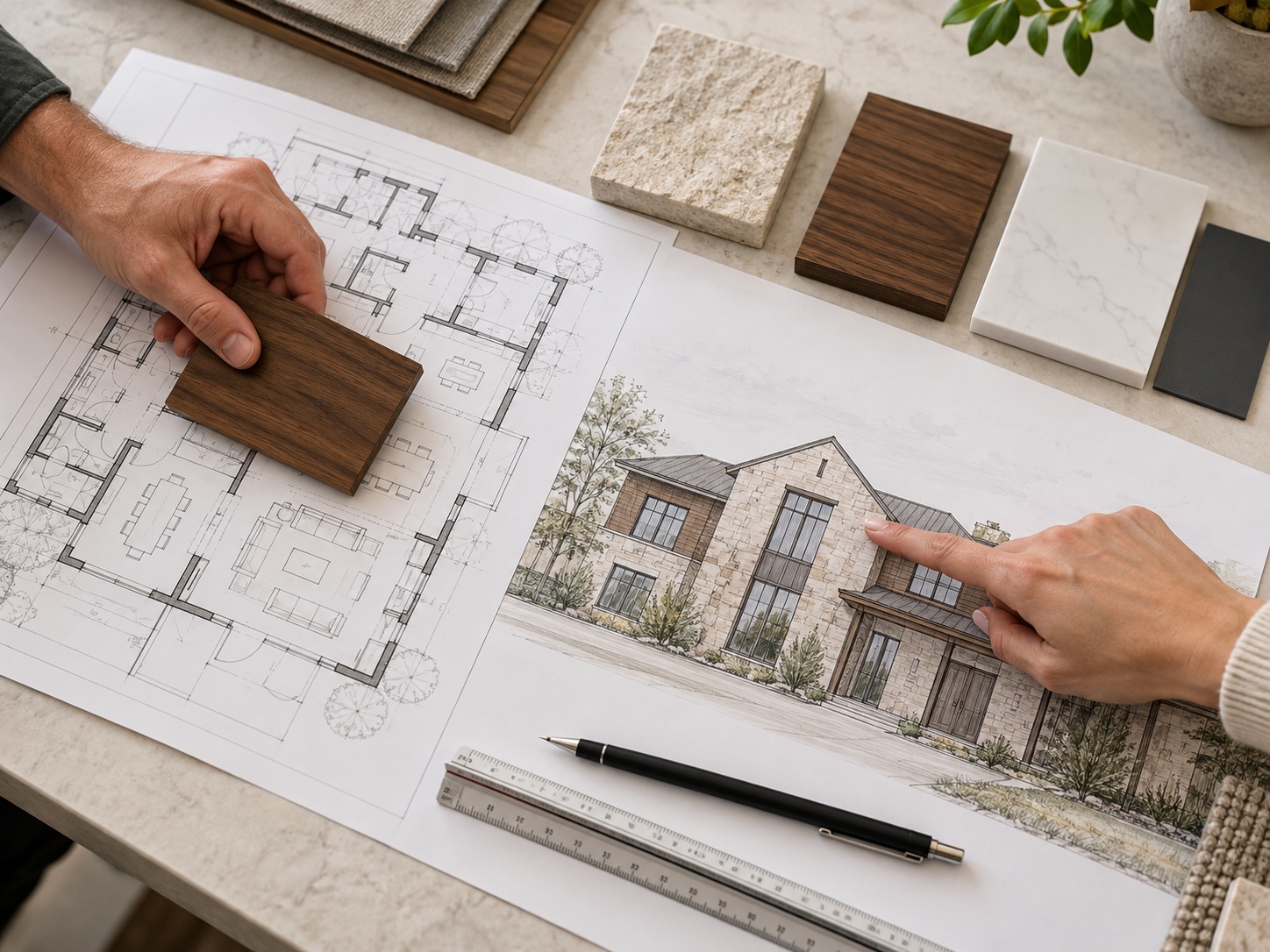 Hands reviewing architectural drawings and material selections