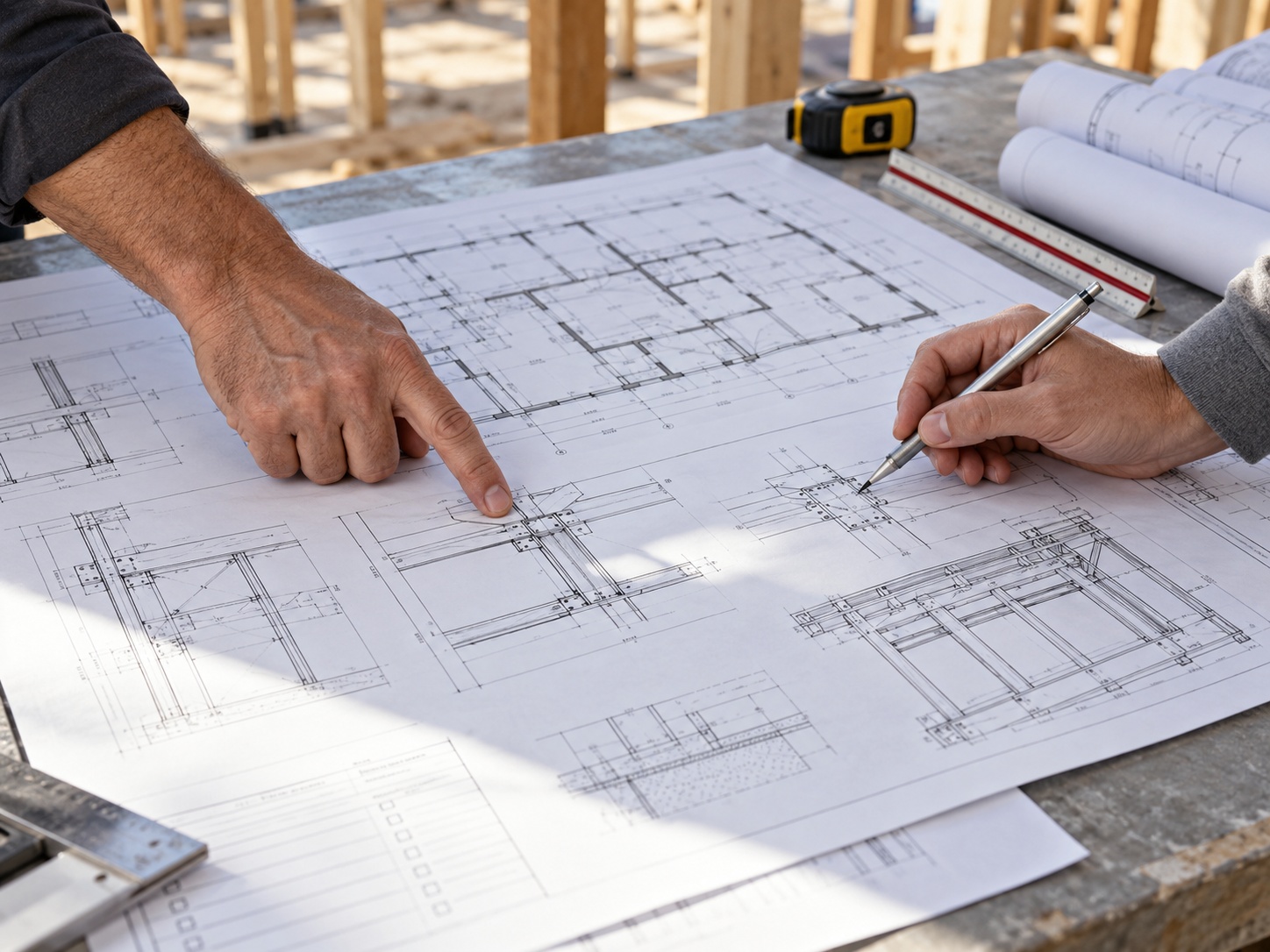 Hands reviewing construction plans and coordinating project details