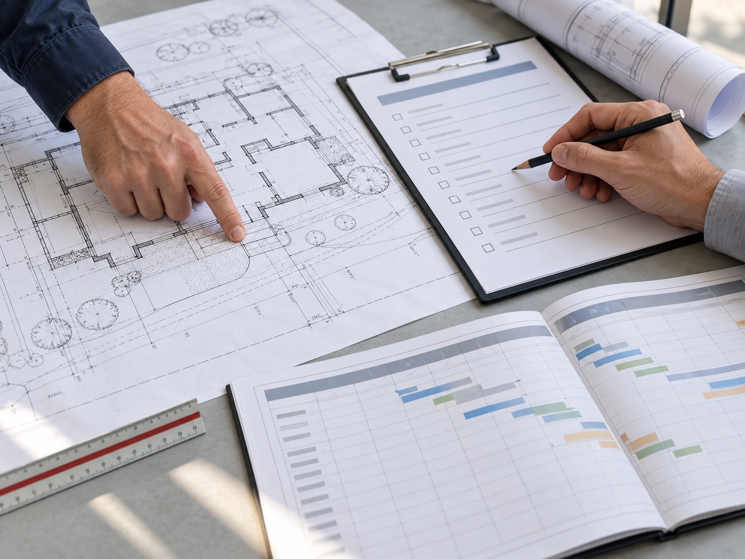 Hands reviewing construction plans during project planning