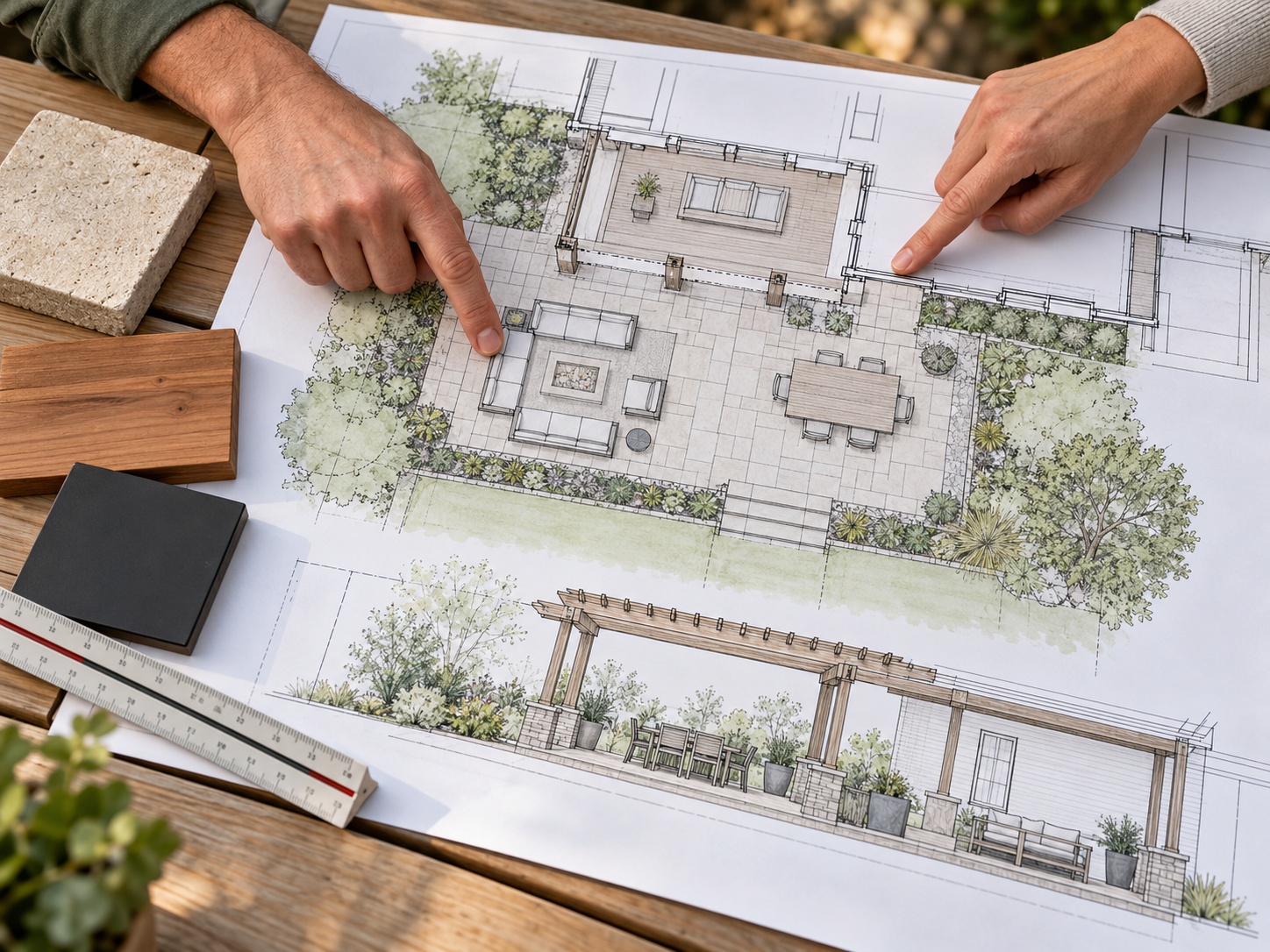 Hands reviewing architectural drawings and material samples